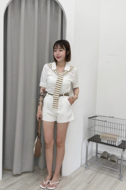 假兩件棉麻襯衫+條紋披肩