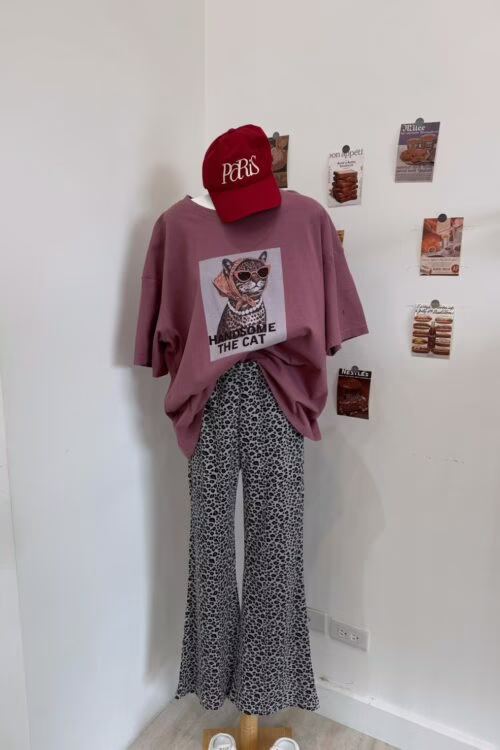 坑條豹紋喇叭褲